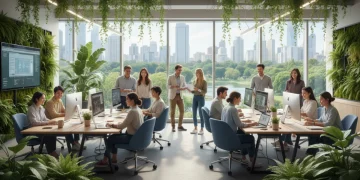 Diverse young adults collaborating in a modern, green workspace, embodying the new American dream of purpose and well-being.