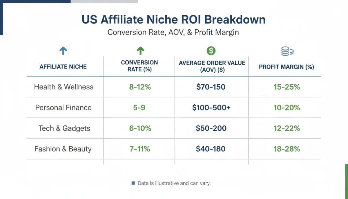 Infographic showing ROI breakdown for various US affiliate niches