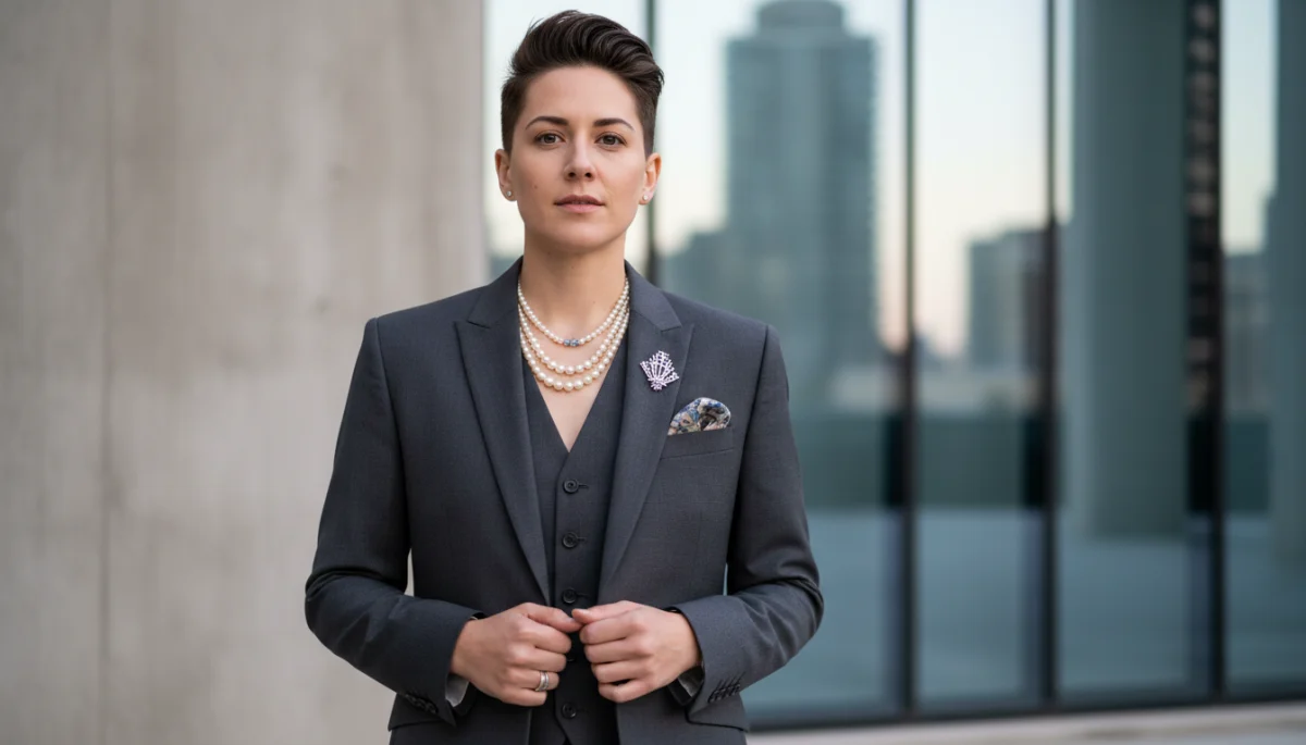 Non-binary person in tailored suit with feminine accessories