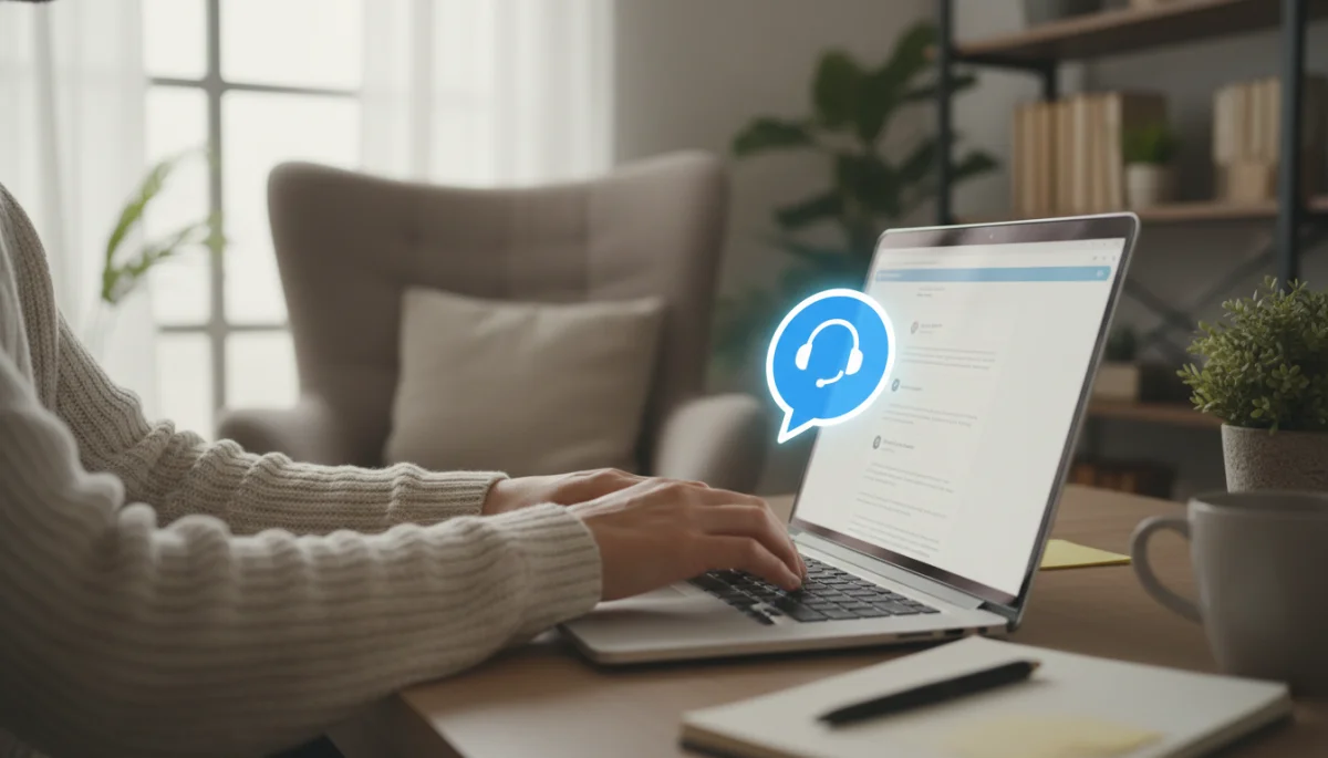 Person using laptop for online chat support with an affiliate program.