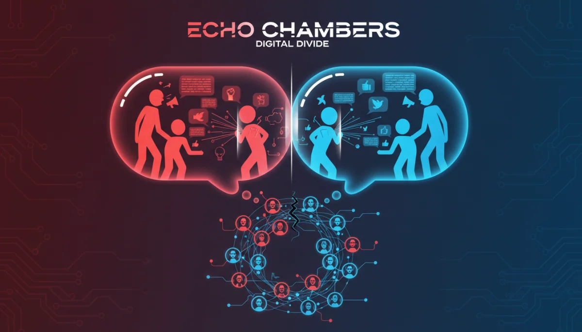 Graphic showing red and blue echo chambers, symbolizing political polarization online.
