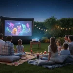 Family and friends enjoying an outdoor movie night with a portable projector.