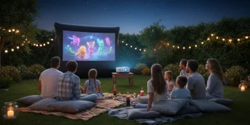 Family and friends enjoying an outdoor movie night with a portable projector.