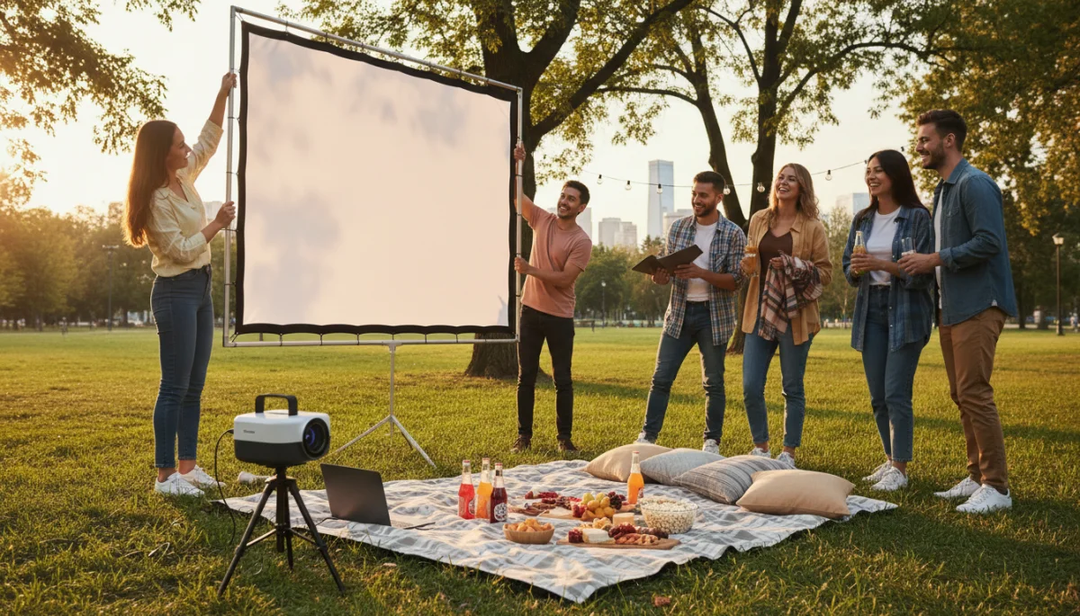 Friends setting up an outdoor movie screen and portable projector in a park.