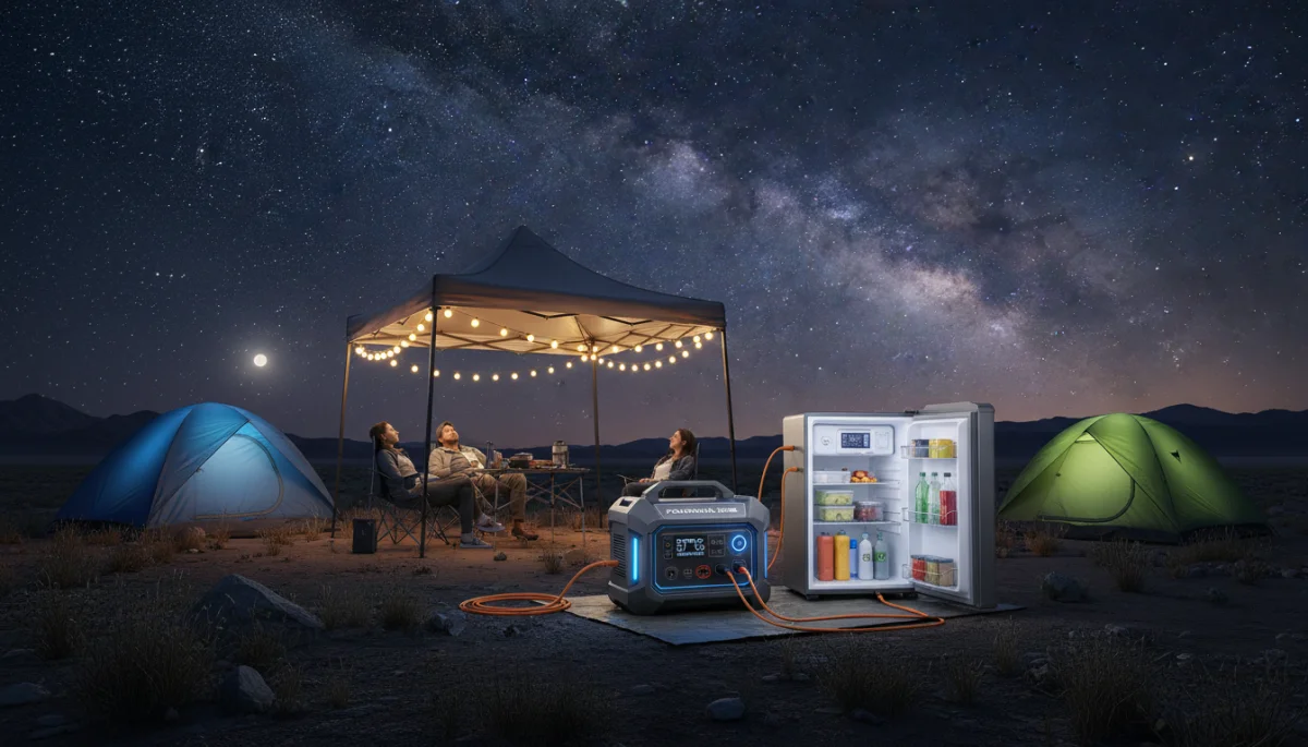 2026 portable power station powering camping gear in an outdoor setting at night.