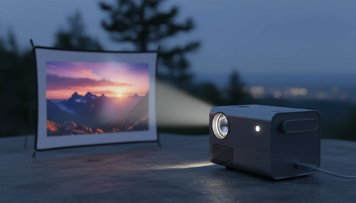 Modern portable projector displaying a clear image outdoors at dusk.