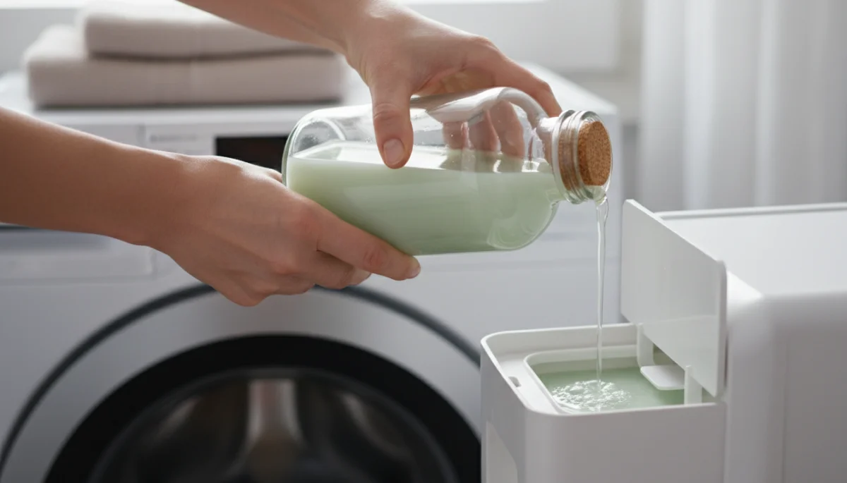 Hands pouring concentrated eco-friendly laundry detergent into a washing machine dispenser.
