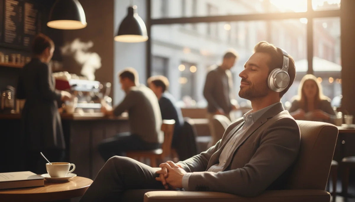 Person enjoying quiet in a busy cafe with noise-cancelling headphones