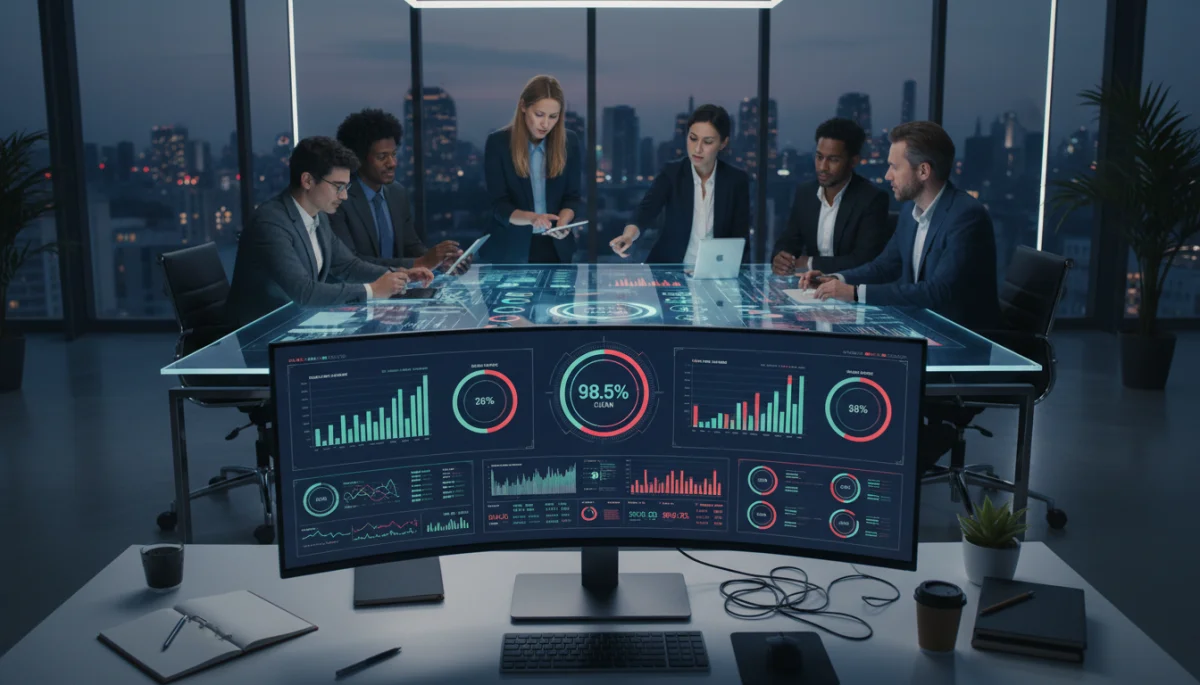 Real-time analytics dashboard showing clean versus fraudulent traffic and a team analyzing data.