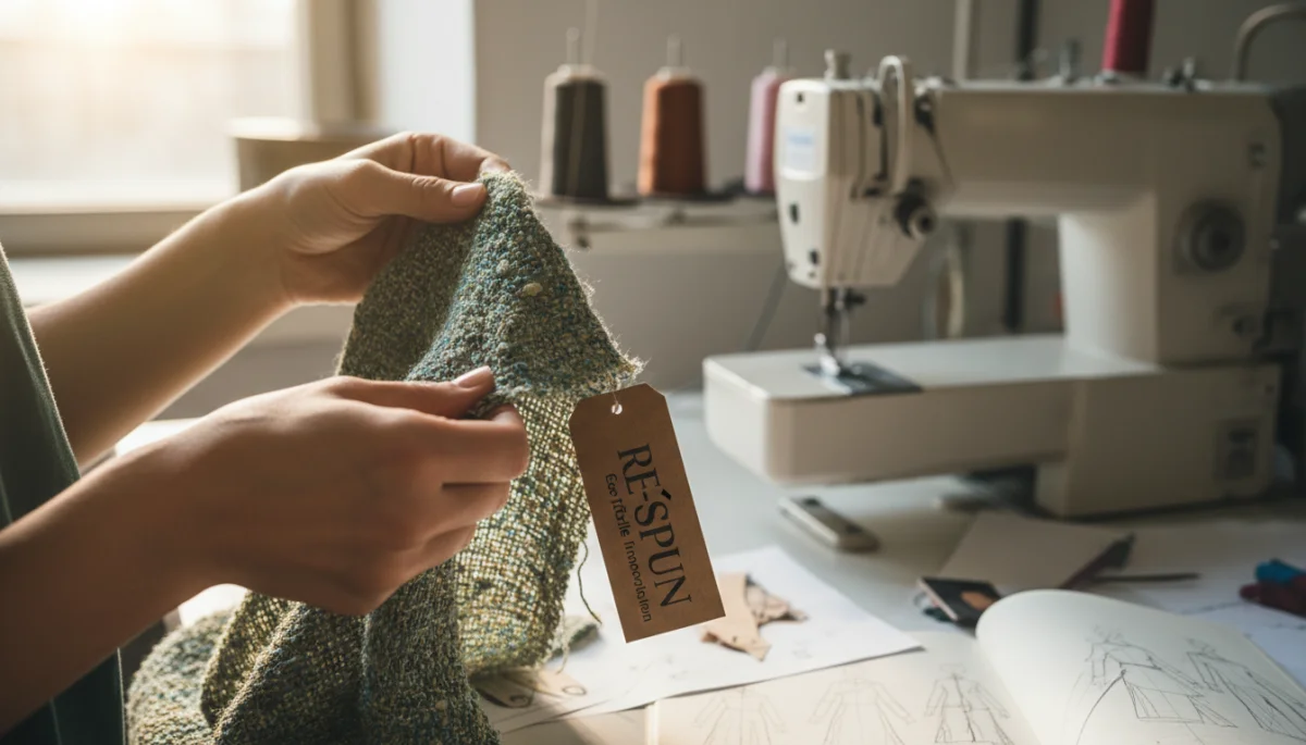 Innovative recycled fabric being examined for sustainable fashion production.