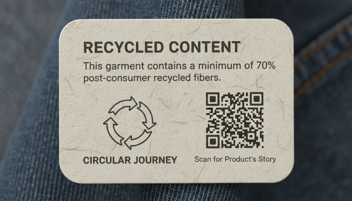 Garment tag showing recycled content and circularity details