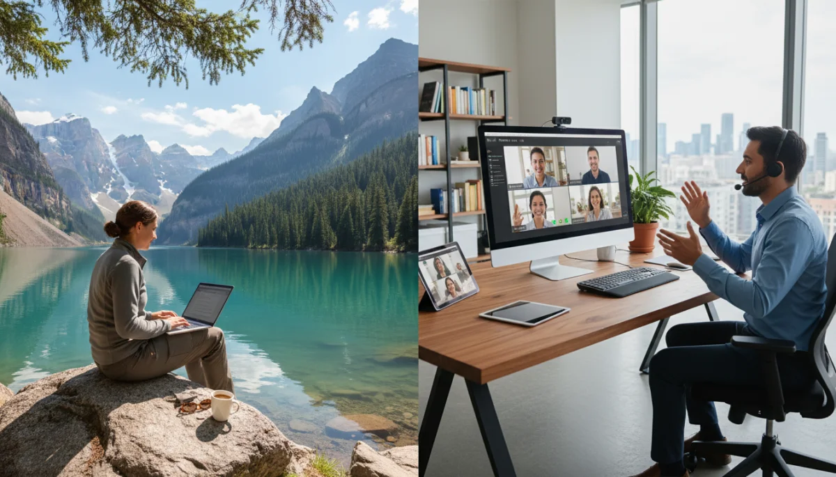 Digital nomad working outdoors and another in a virtual meeting, showcasing remote work flexibility.