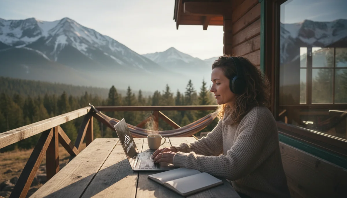 Individual working remotely from a scenic mountain location, symbolizing work-life balance and flexibility.