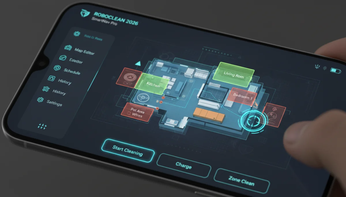Smartphone app showing 2026 robot vacuum's advanced mapping interface