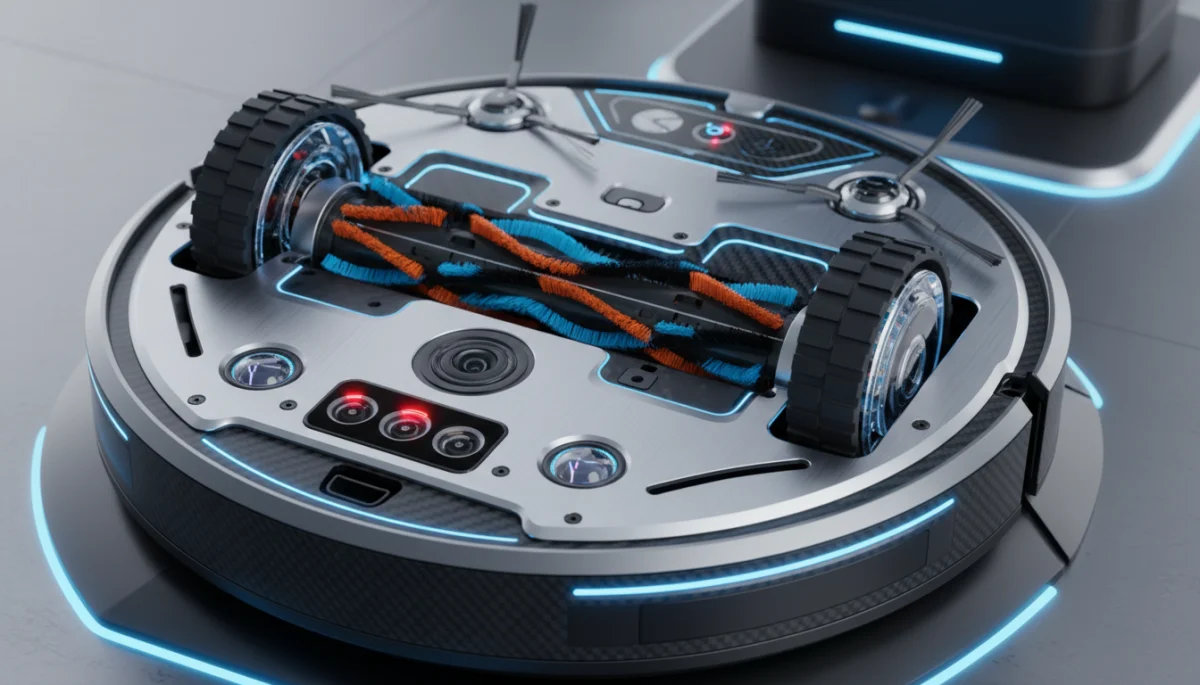 Underside view of 2026 robot vacuum's advanced brush and sensor system