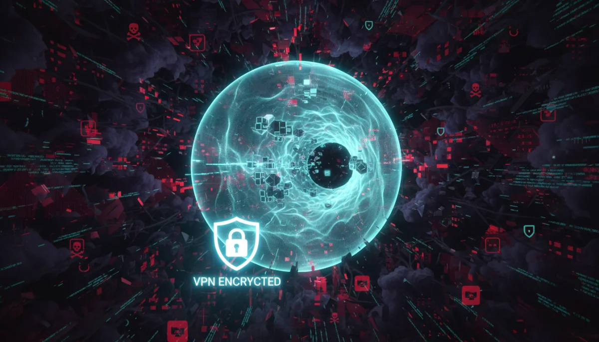 Encrypted data flowing through a secure VPN tunnel, protecting privacy