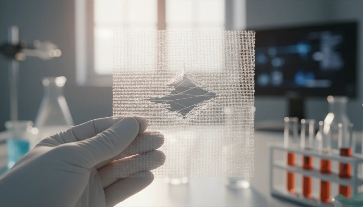 Self-healing smart textile repairing a tear in a laboratory setting