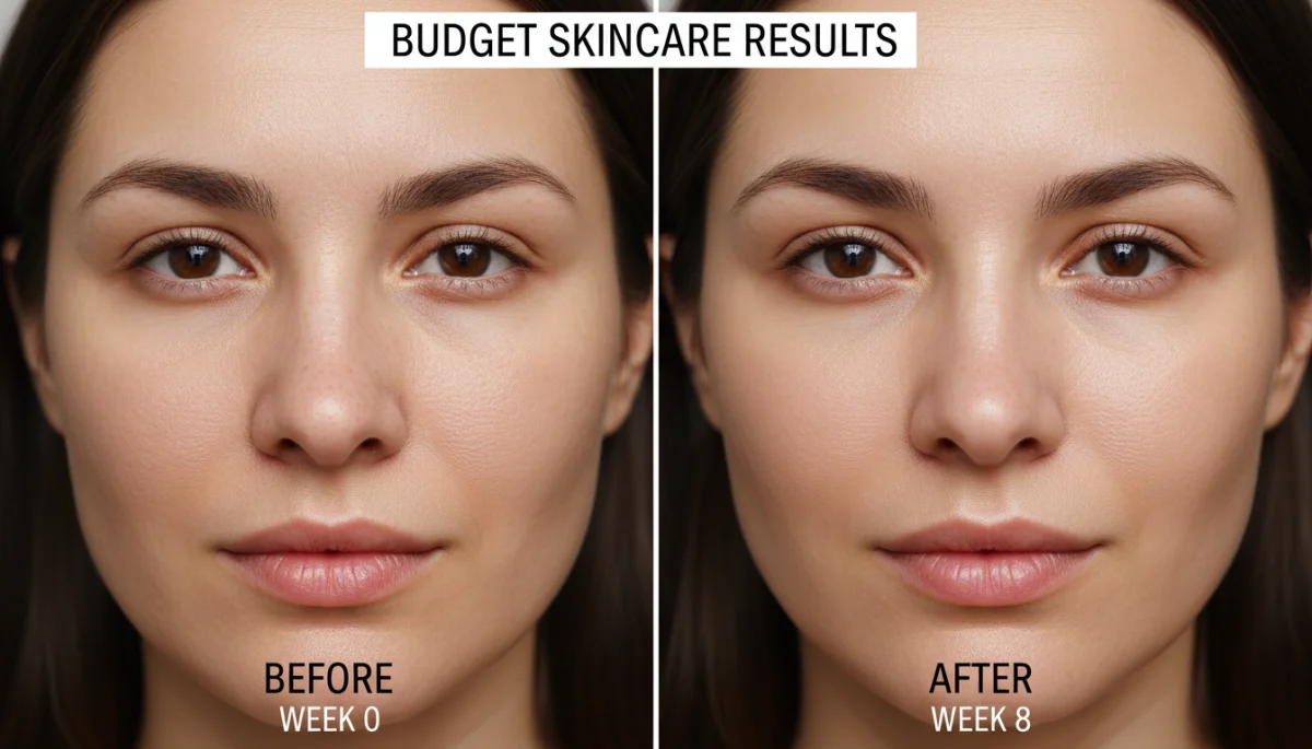 Before-and-after comparison showing improved skin texture and radiance from consistent skincare use.