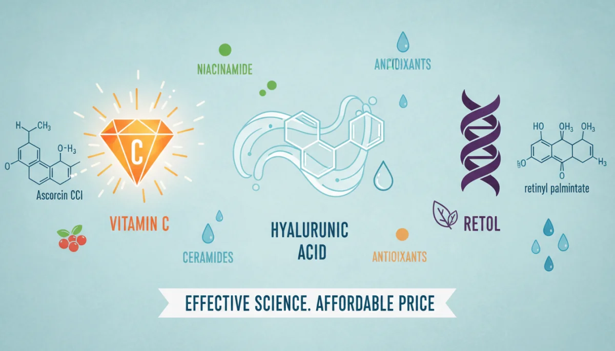 Close-up of skincare ingredients like hyaluronic acid, vitamin C, and retinol, highlighting their role in product effectiveness.