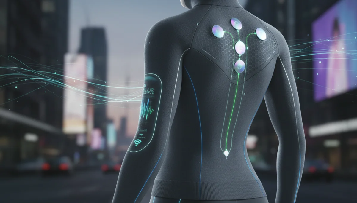 Futuristic athleisure garment with integrated smart technology and biometric sensors.