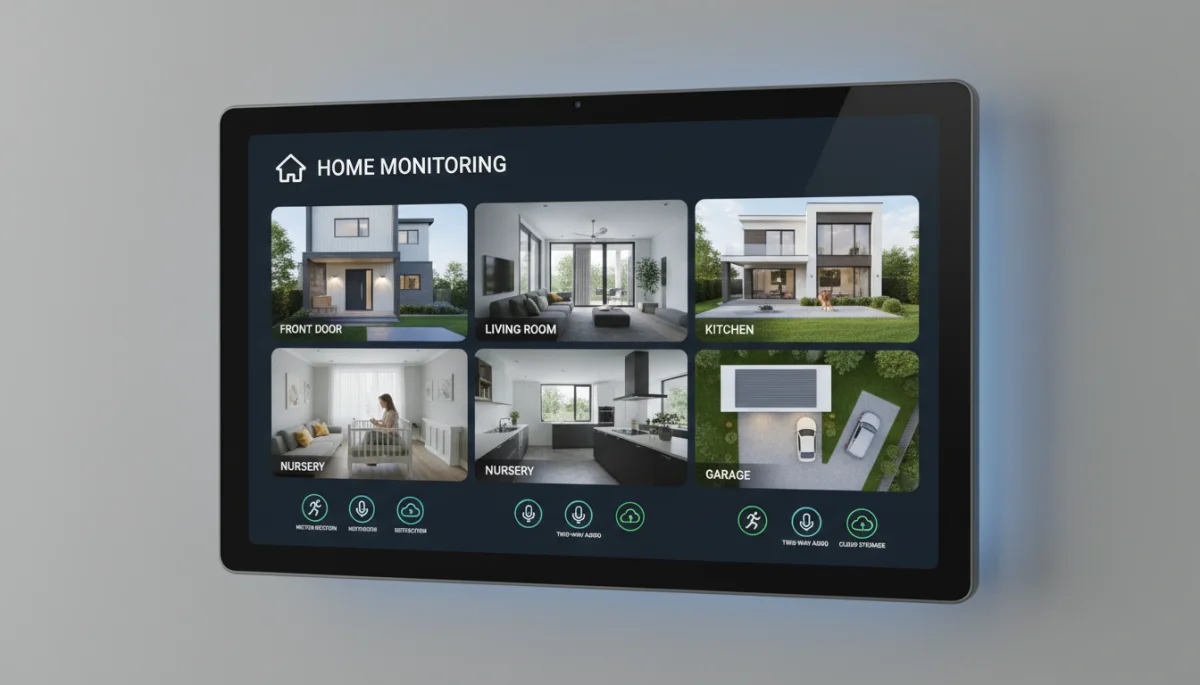 Smart home dashboard with multiple security camera feeds