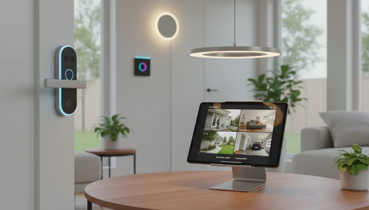 Interior view of smart home dashboard displaying security system interface
