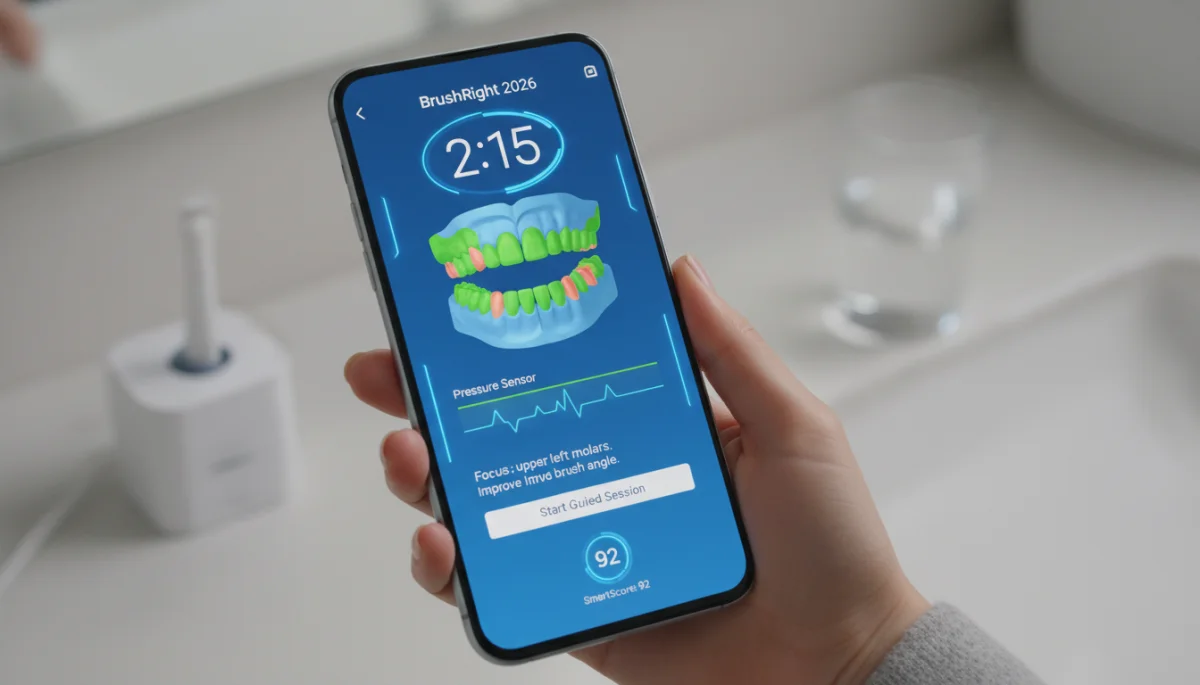 Smartphone app for 2026 electric toothbrush, showing real-time brushing feedback and personalized dental insights.