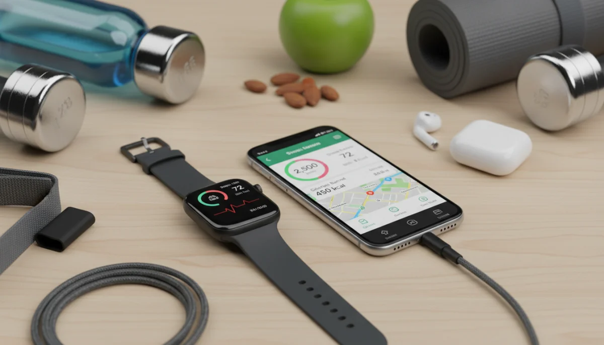 Smartwatch connected to a smartphone displaying a fitness tracking application dashboard with health metrics.