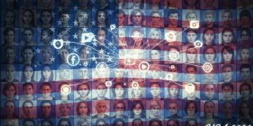 Digital mosaic of diverse American faces connected by social media icons, symbolizing identity in 2026.