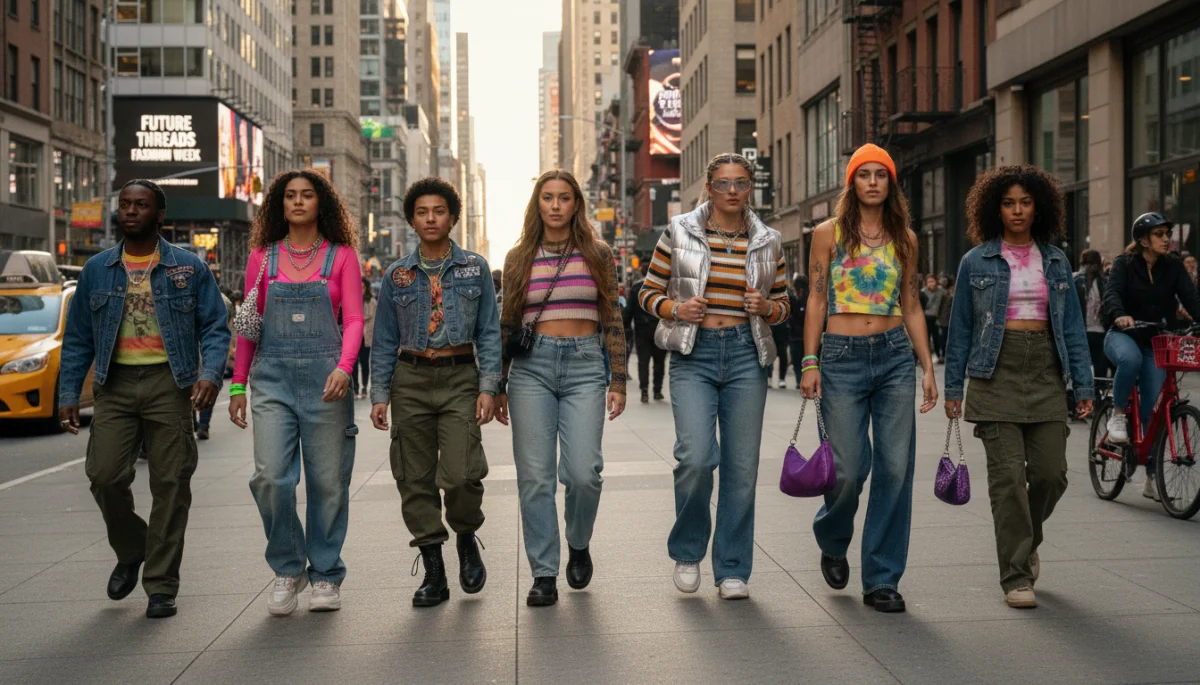 Young adults in 2026 street style, mixing 90s oversized denim and Y2K crop tops.