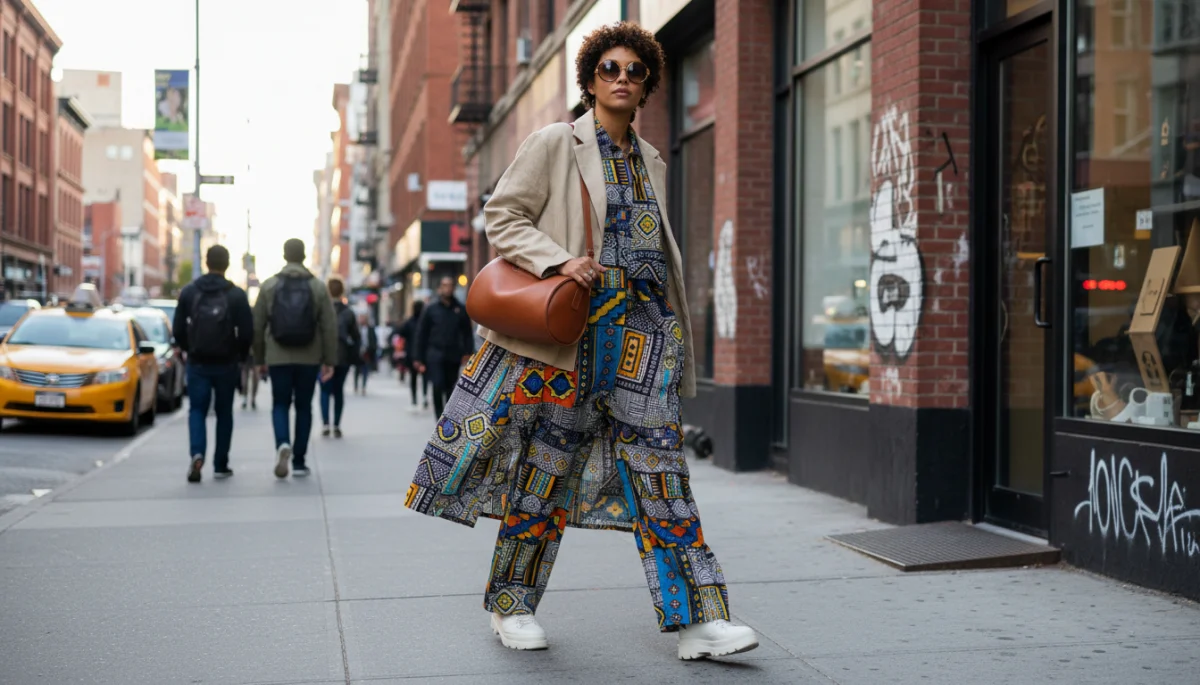 Street style featuring West African prints and Scandinavian minimalist design in a gender-neutral US fashion trend.