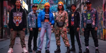 Diverse young people in stylish streetwear in an urban setting, reflecting cultural impact.