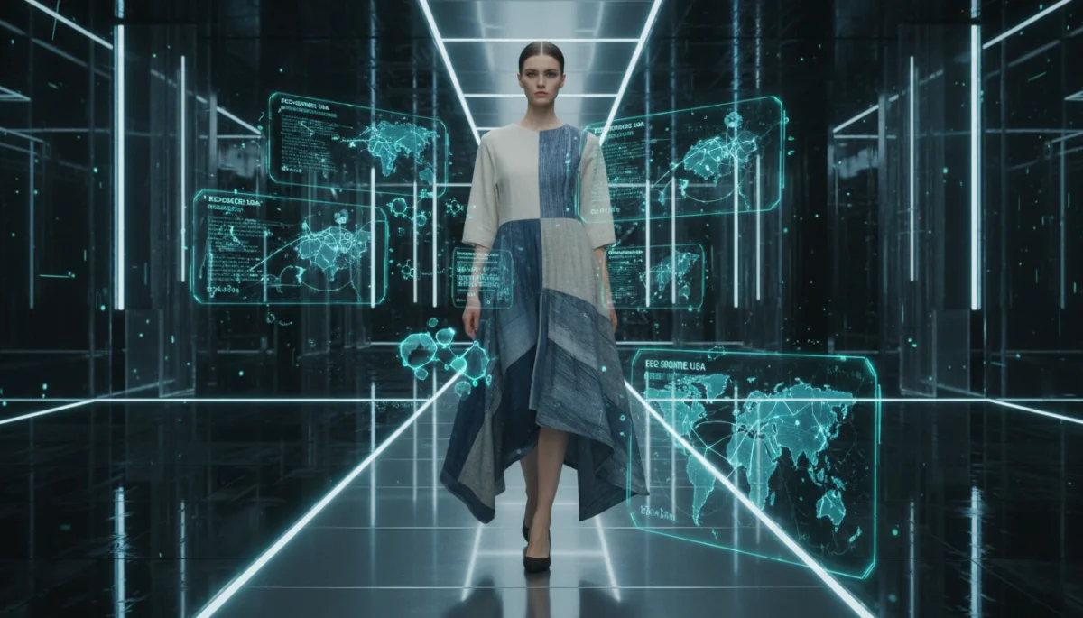 Virtual fashion show displaying sustainable American clothing with AR overlays on fabric data.