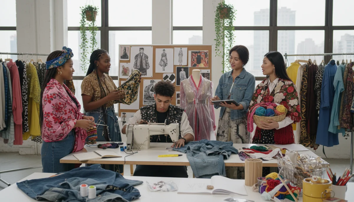 Diverse fashion students collaborate on sustainable, culturally-inspired designs