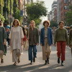 Sustainable fashion models showcasing eco-friendly clothing in a city street.