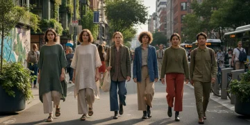 Sustainable fashion models showcasing eco-friendly clothing in a city street.