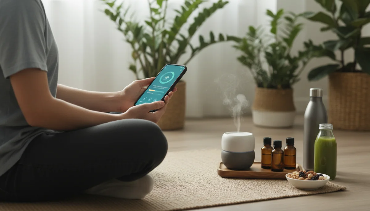 Individual using a wellness app on a smartphone with health-related items