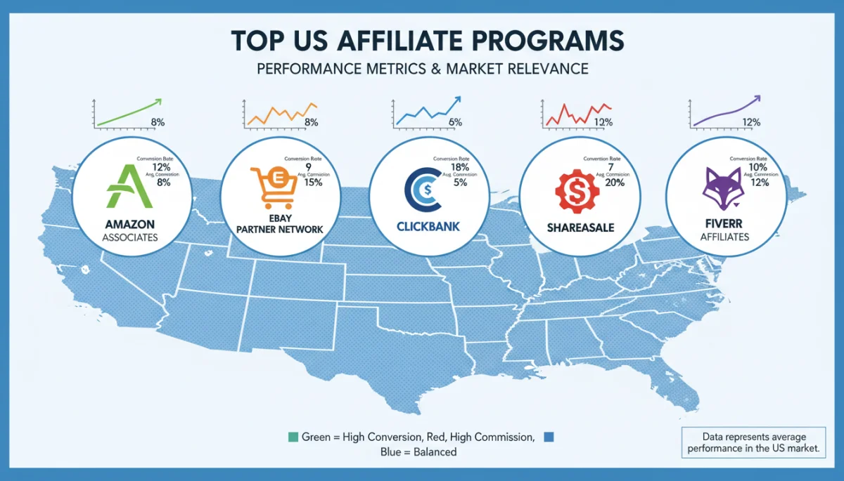 Infographic comparing key performance indicators of top 5 US affiliate programs.