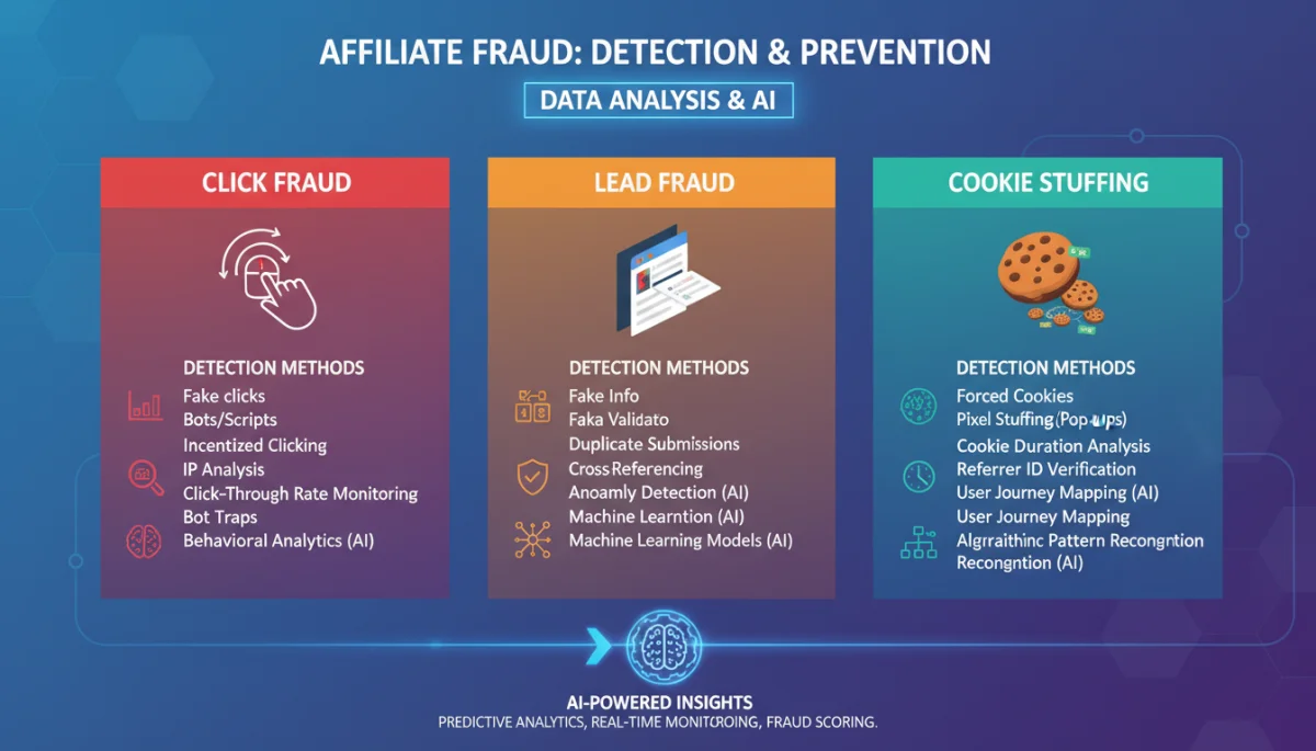 Infographic detailing different types of affiliate fraud and their detection mechanisms.