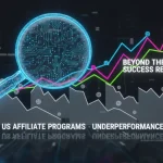 Beyond the Hype: 5 Underperforming US Affiliate Programs Unveiled Magnifying glass over underperforming affiliate graphs, symbolizing a deep dive into US programs.