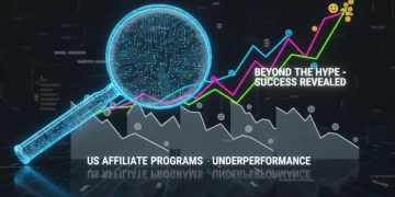 Magnifying glass over underperforming affiliate graphs, symbolizing a deep dive into US programs.