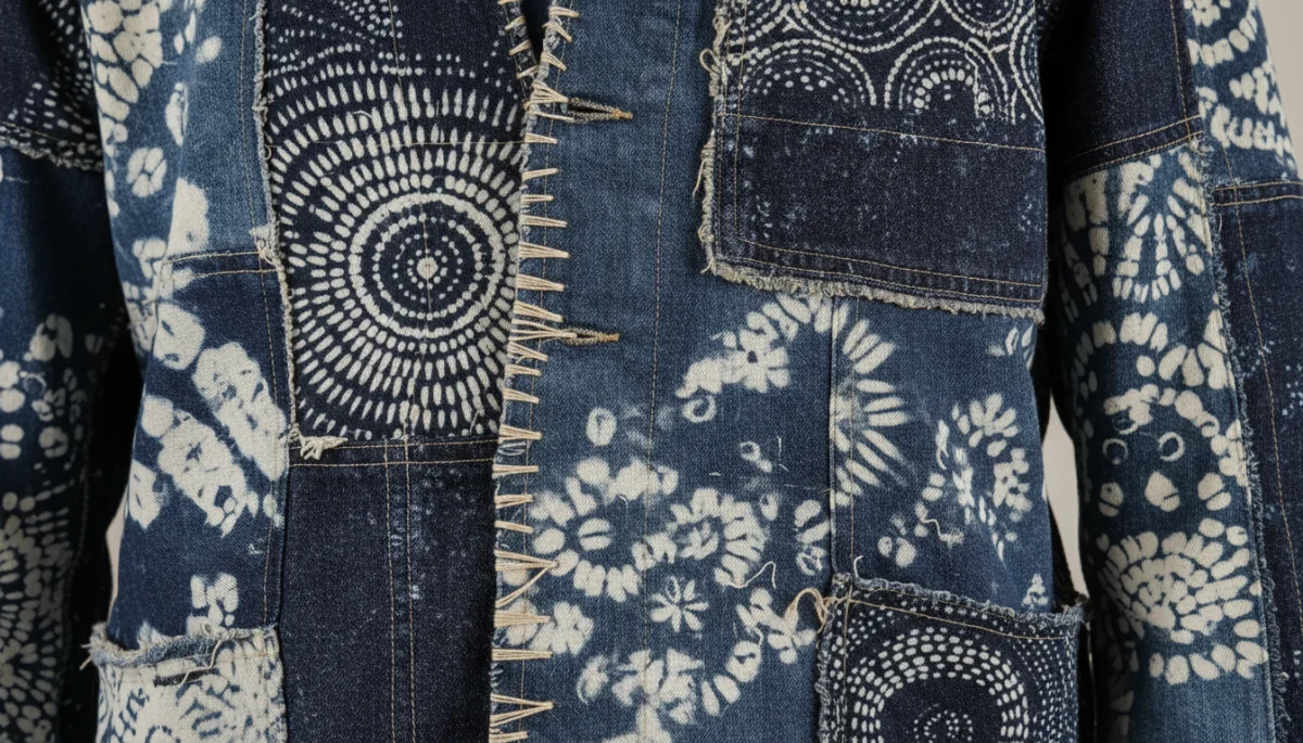 Upcycled denim garment with Japanese Shibori dye patterns, showcasing sustainable artisanal fashion.