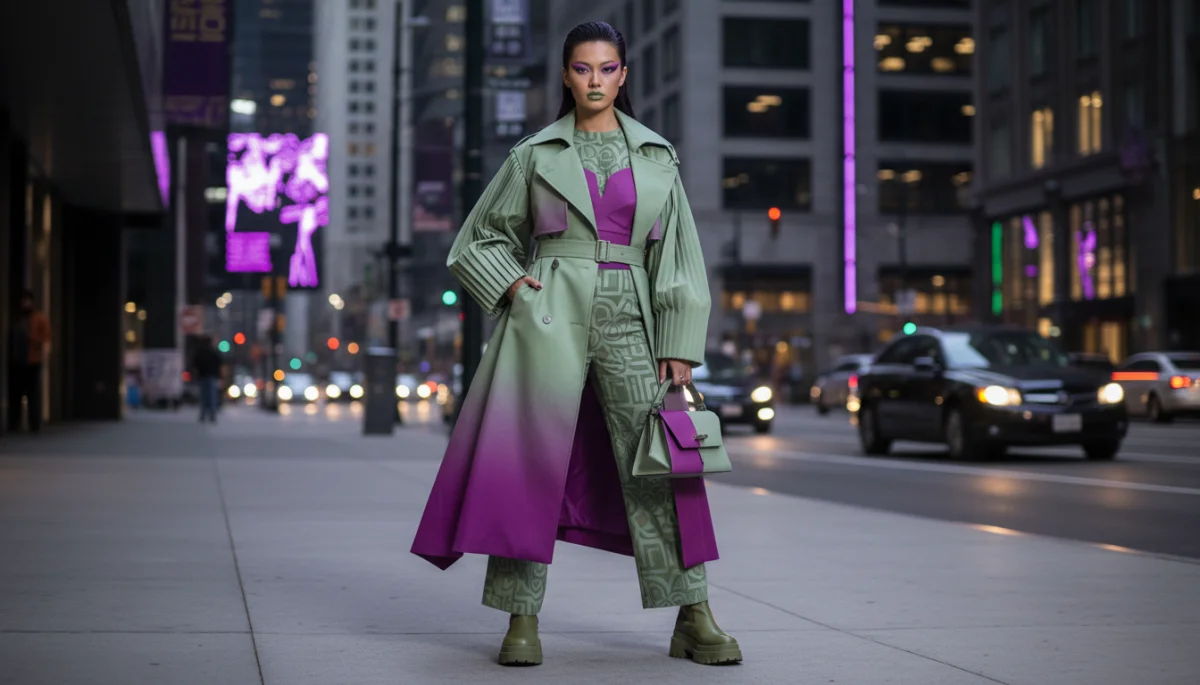 Model showcasing Urban Sage and Radiant Orchid fashion ensemble