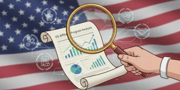 Magnifying glass over a financial document, symbolizing due diligence in US affiliate programs.