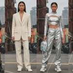 Vibrant collage of 2026 US fashion blending 90s grunge, minimalism, and Y2K futuristic styles.