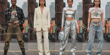 Vibrant collage of 2026 US fashion blending 90s grunge, minimalism, and Y2K futuristic styles.