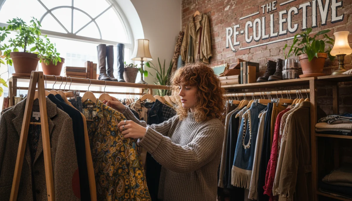 Gen Z shopper exploring a curated selection of vintage clothing in a modern thrift store, emphasizing sustainable fashion choices.